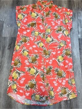 Old Navy Linen Shirt Dress Size Medium Sheath Tropical Pineapple Hawaiian Coral